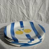 3 large Italian plates with blue stripes and lemons pattern
