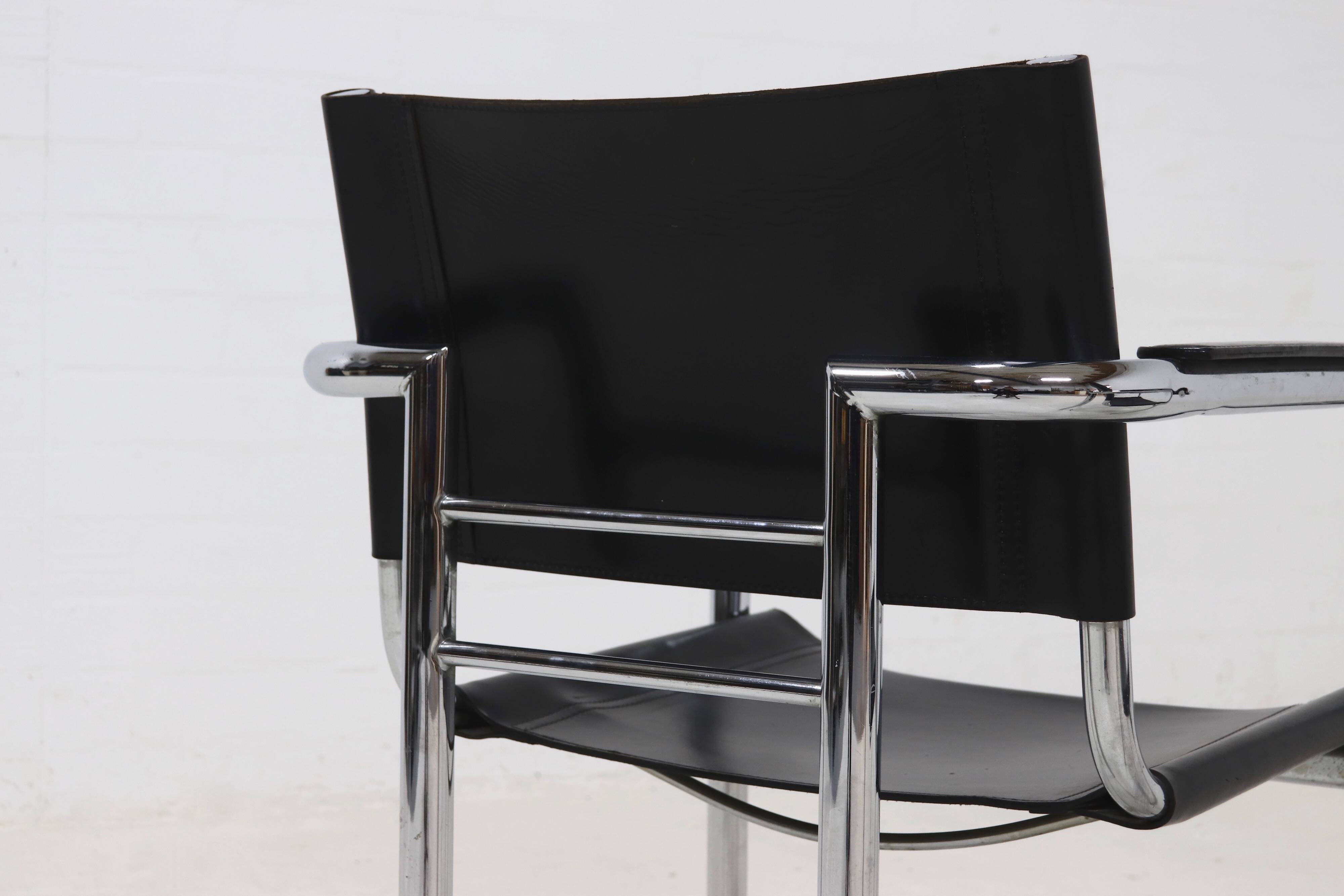Set of 2 Italian Modern Saddle Leather and Chromed Steel Chairs 1980s