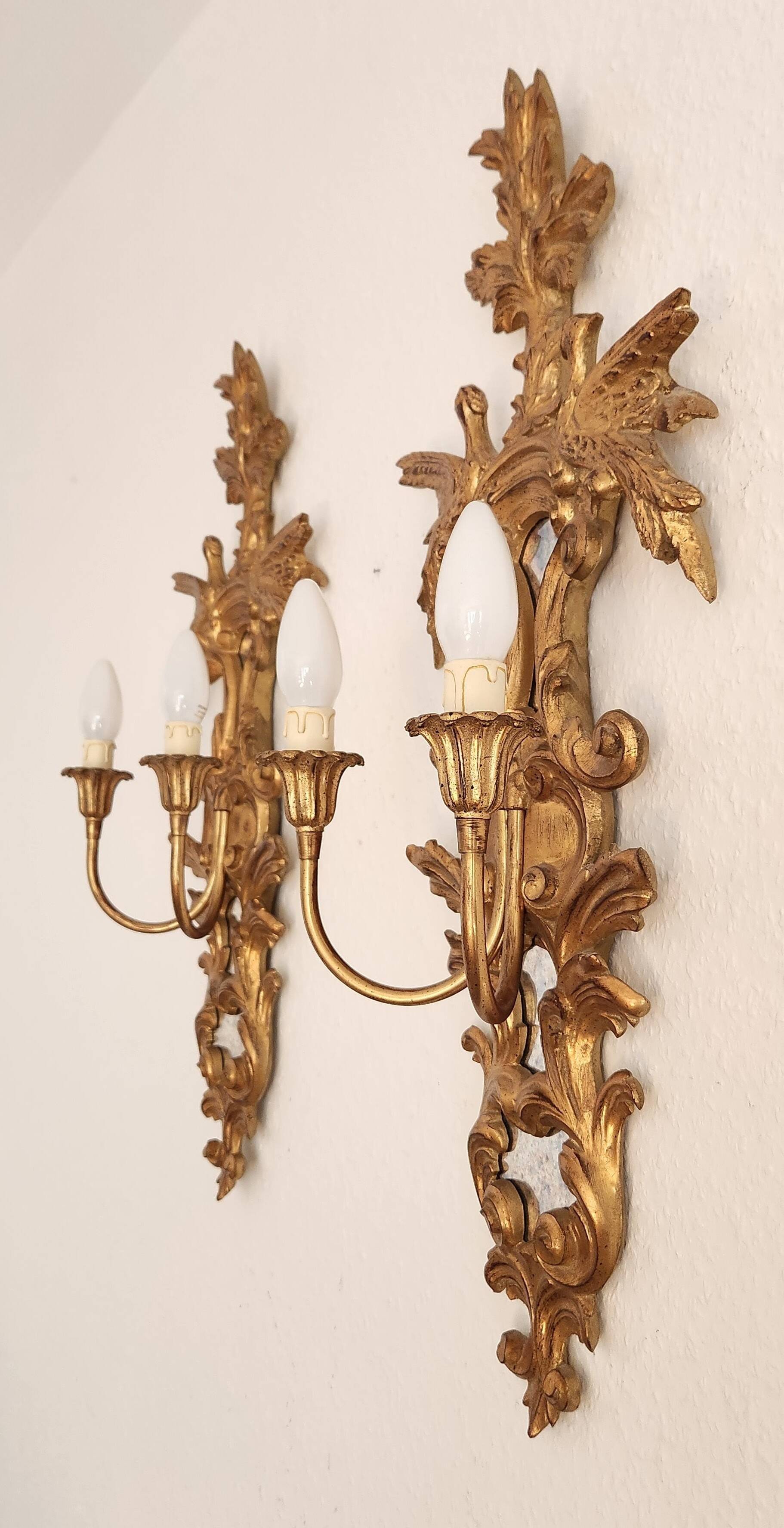 Louis XVI wall lamps Rocaille gilded carved wood antique mirror glass
