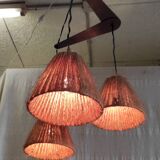 Scandinavian style three-light pendant in teak and sisal - 1960s/70s