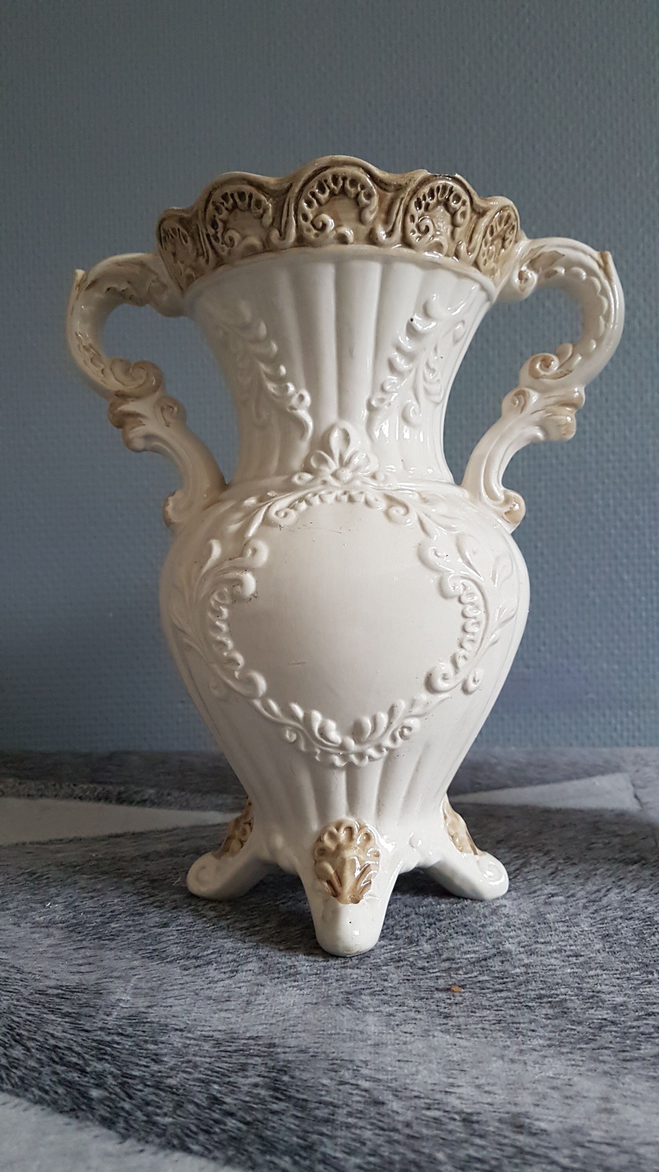 White dabbling vases with capodimonte porcelain floral decoration