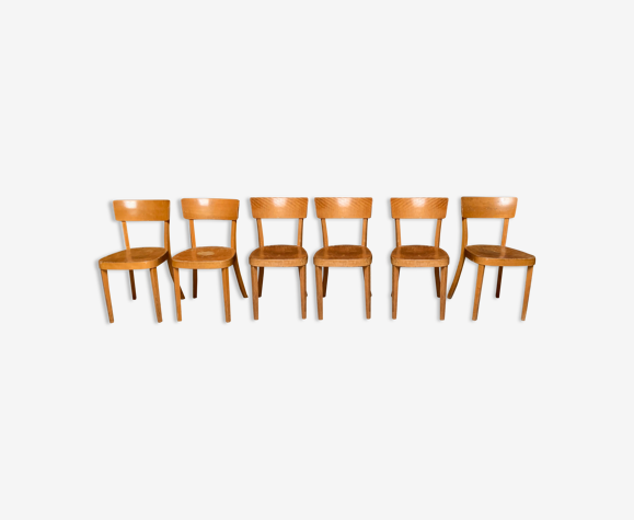 Série de 6 chaises bistrot bar café restaurant vintage en bois clair baumann luterma fischel 1960