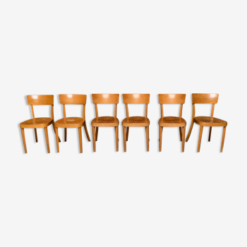Set of 6 chairs bistro bar café restaurant vintage light wood baumann luterma fischel 1960
