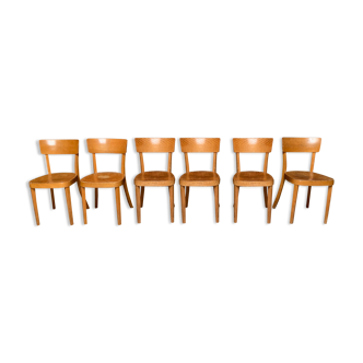 Série de 6 chaises bistrot bar café restaurant vintage en bois clair baumann luterma fischel 1960