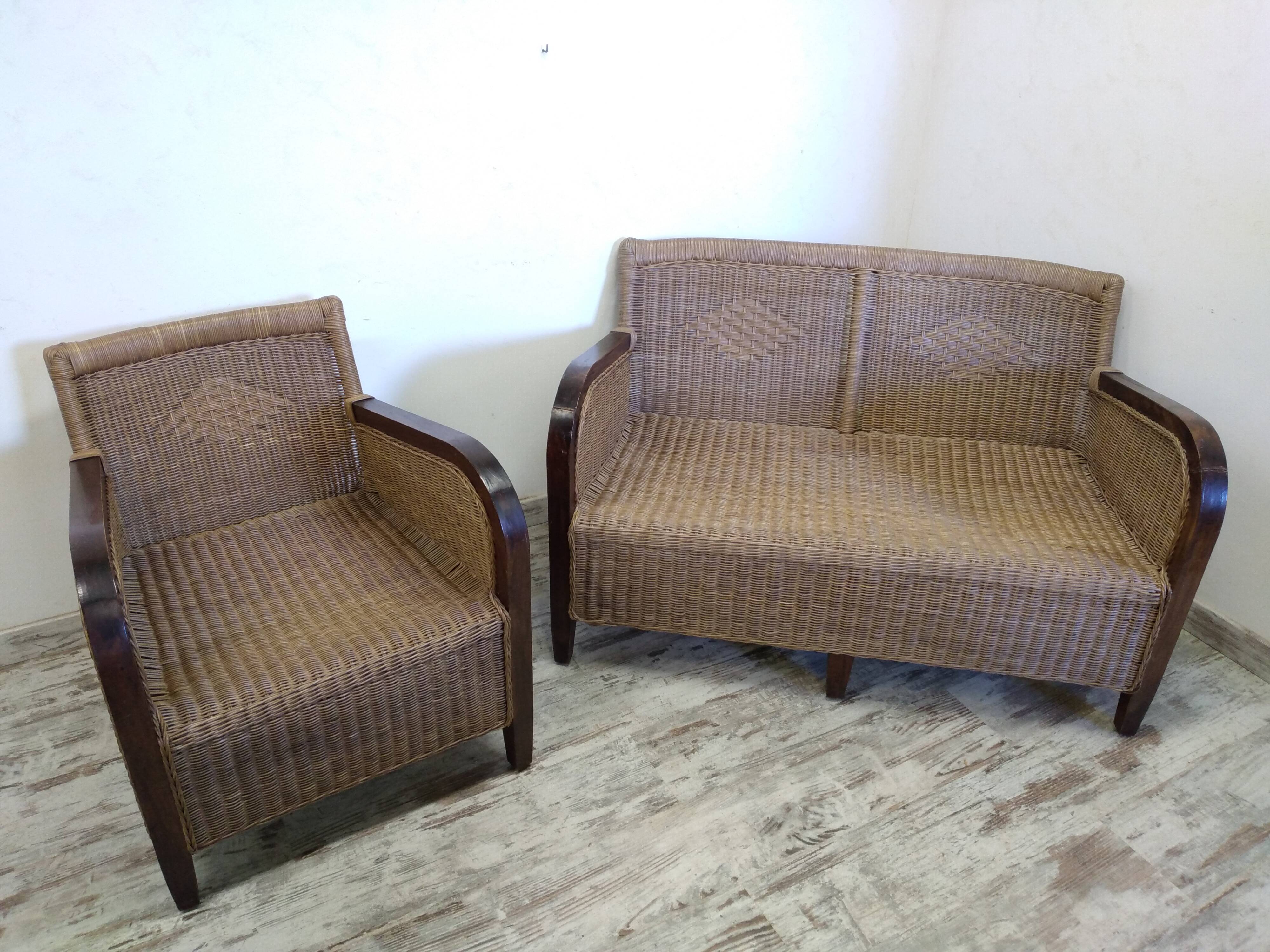 Bench seat and armchair in old rattan