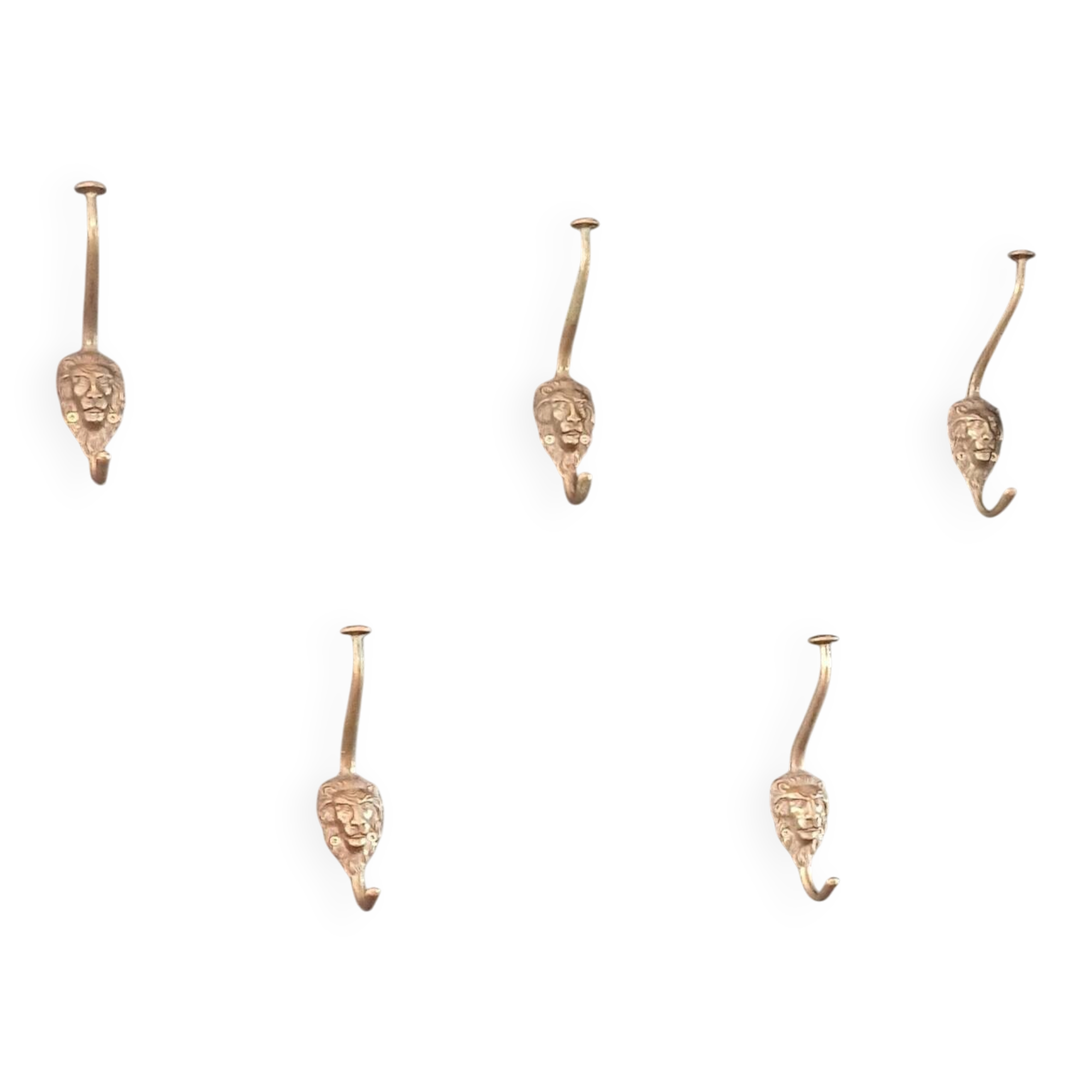 Set of 5 antique "Lion Head" coat hooks.