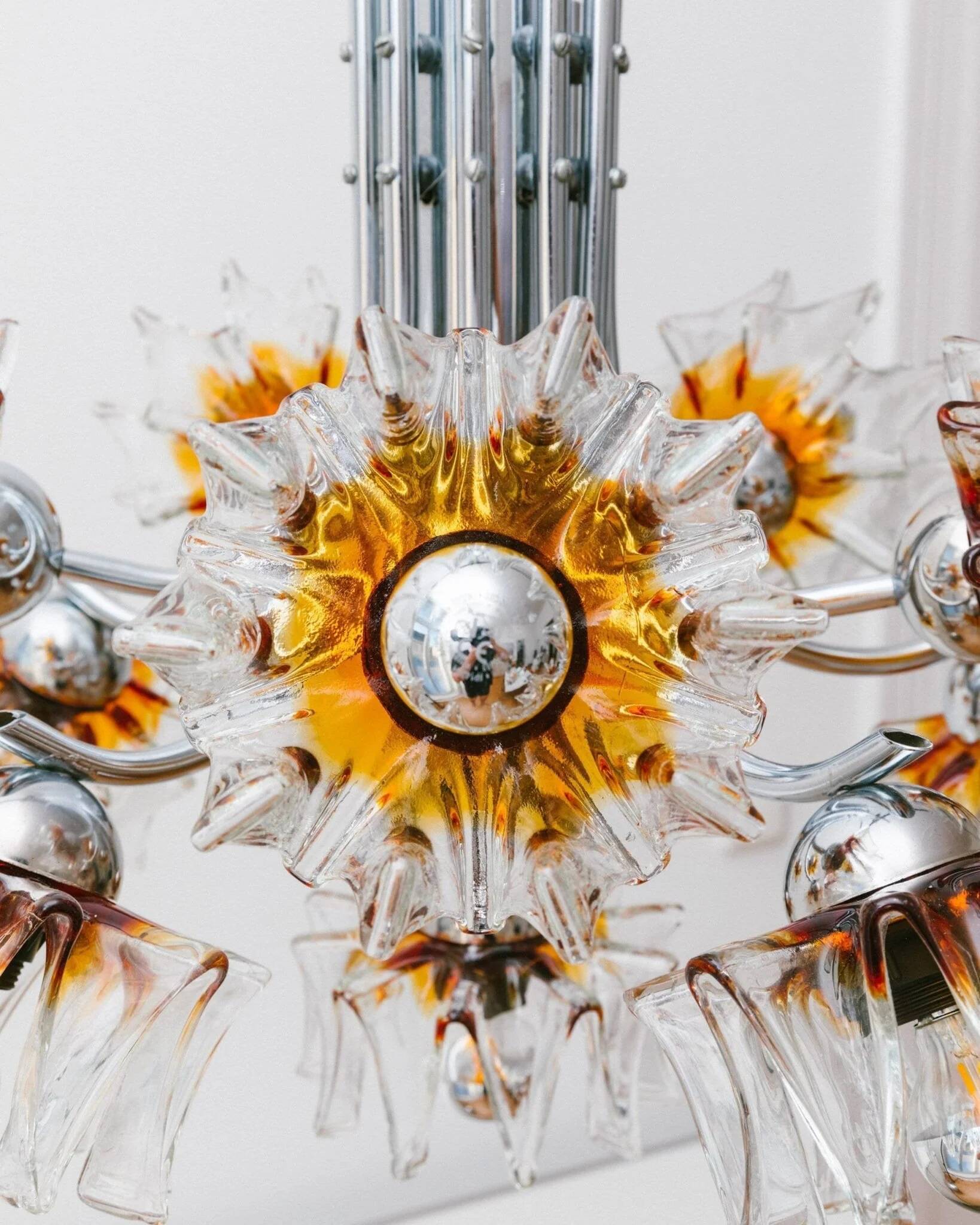 Carlo Nason Murano Glass Flower-Shades Chandelier by Mazzega - Chrome and Transparent Amber Glass, Hollywood Regency, 1970s