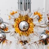 Carlo Nason Murano Glass Flower-Shades Chandelier by Mazzega - Chrome and Transparent Amber Glass, Hollywood Regency, 1970s