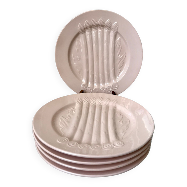 Lot de 5 assiettes à asperges roses en barbotine villeroy & boch années 50-60