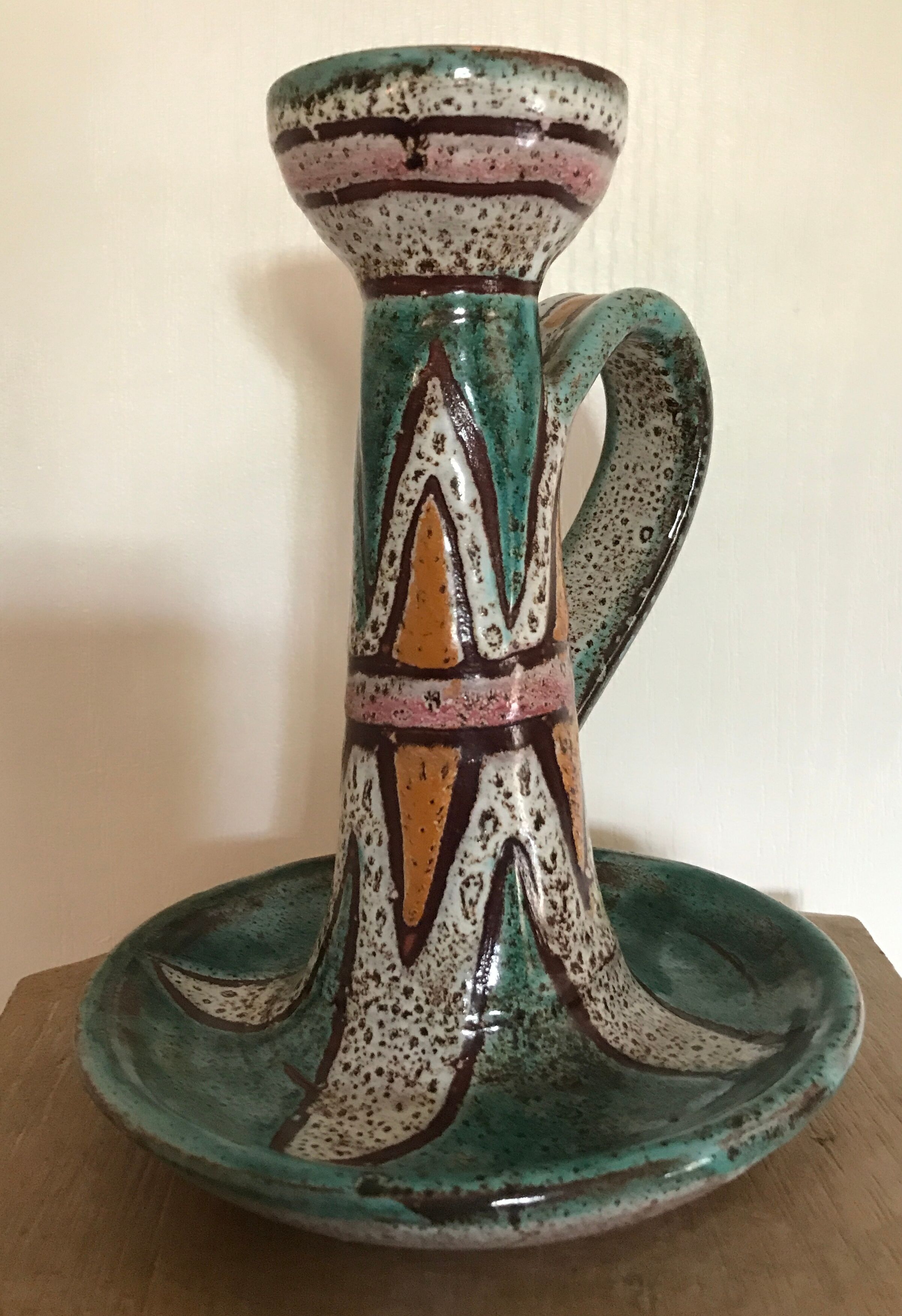 Hand candleholder in enamelled ceramic, polychrome paint, art deco, numbered