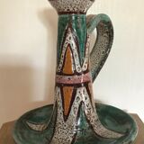Hand candleholder in enamelled ceramic, polychrome paint, art deco, numbered