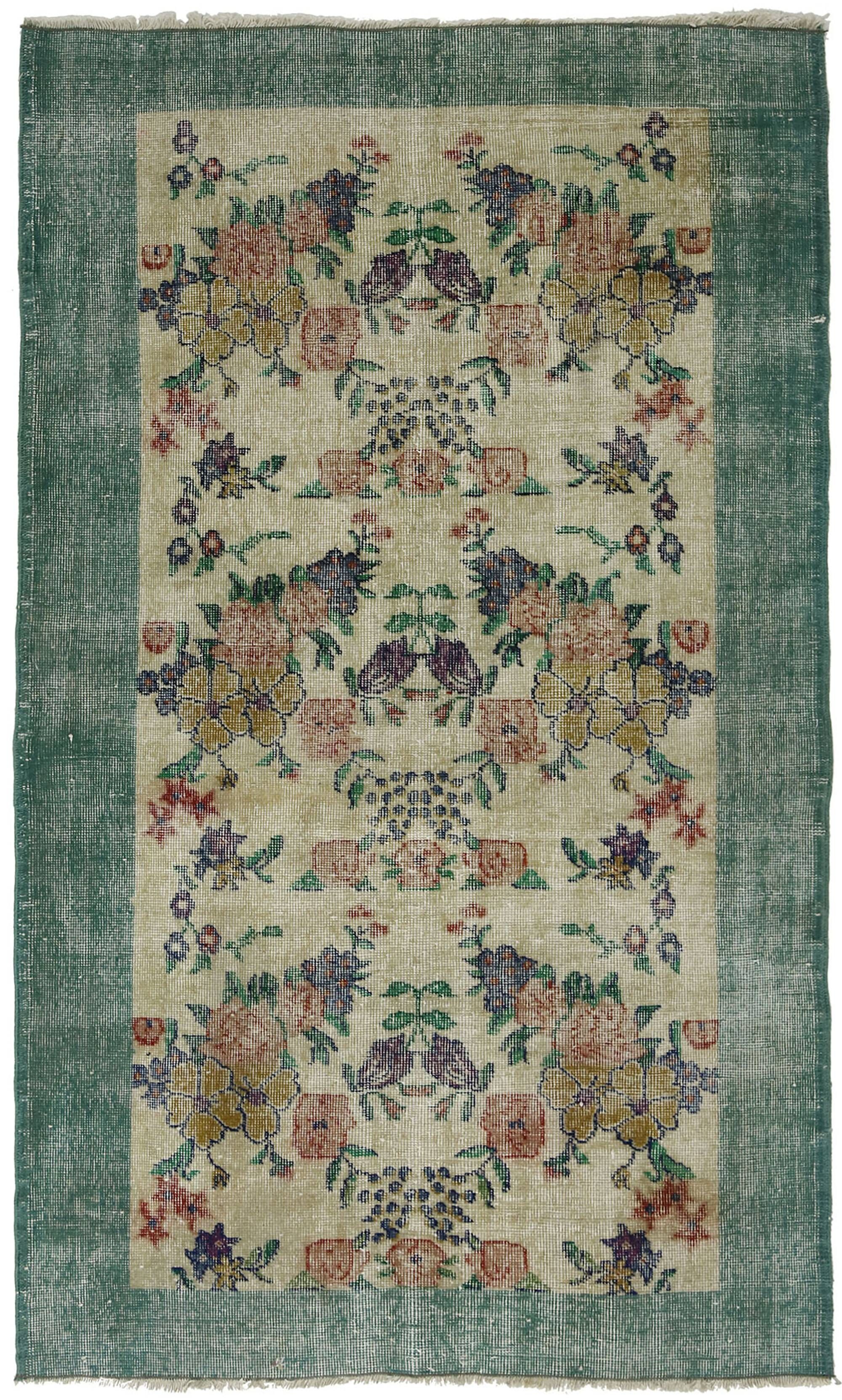 Vintage Turkish Carpet Floral Beige Green 194 x 109 cm