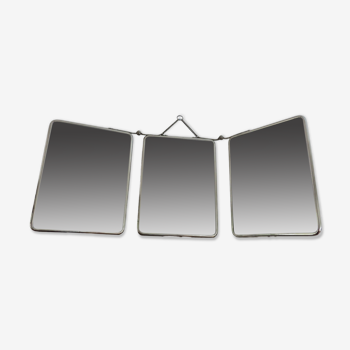 Triptych barber mirror, beveled, in chrome-plated brass, with chain