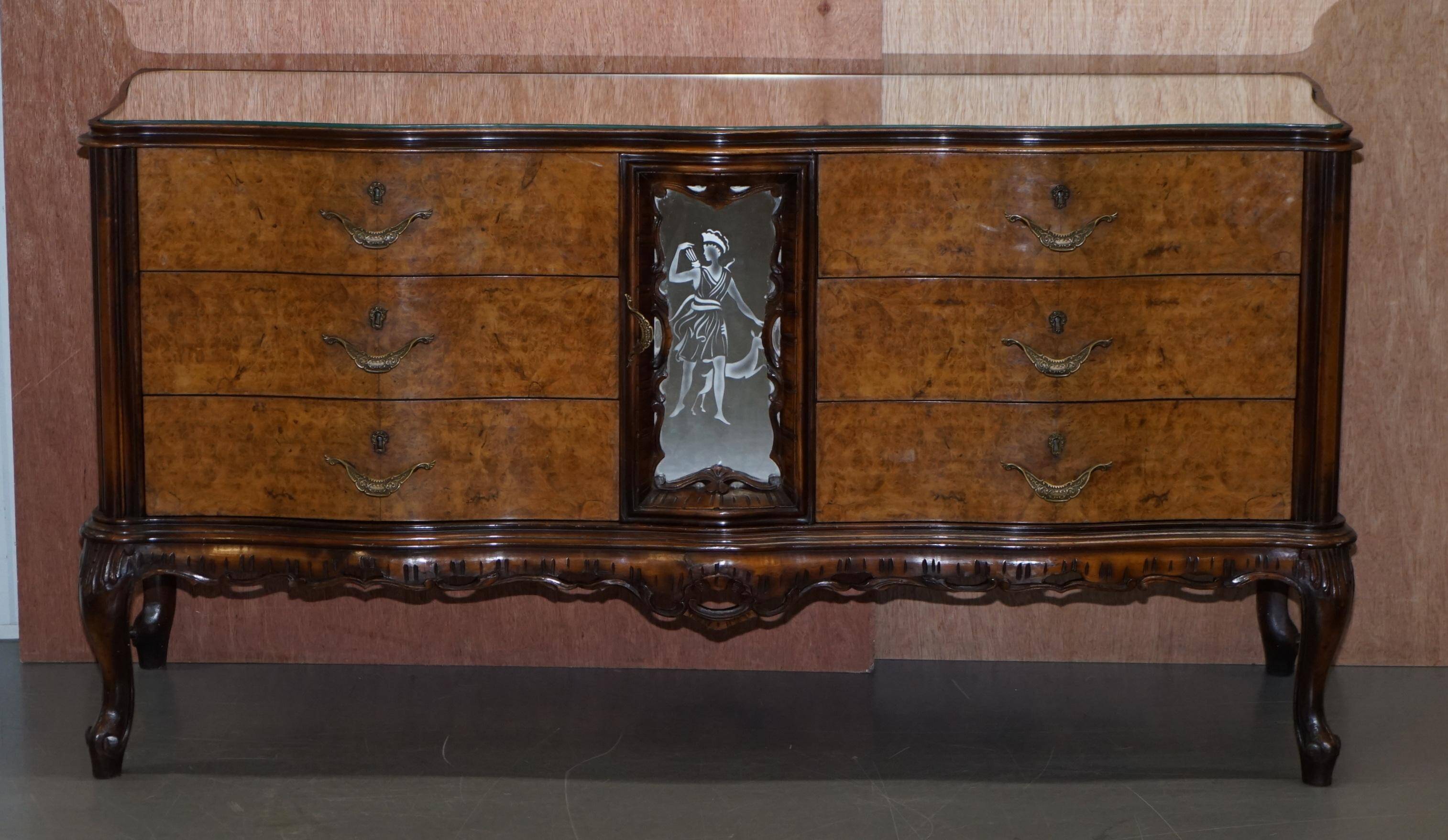 Vintage Italian Buffet in Walnut with Serpentine Front and Mirror Top