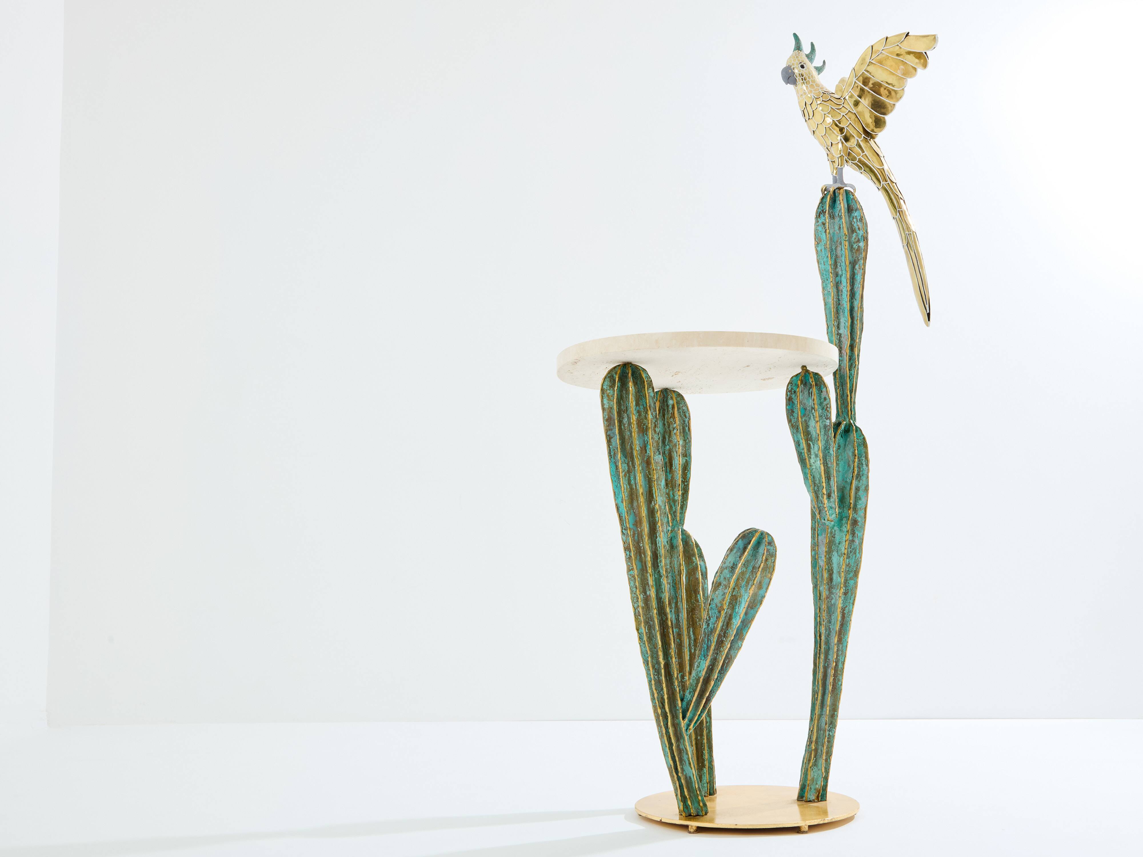 Brass cactus and parrot sculpture console Alain Chervet 1989