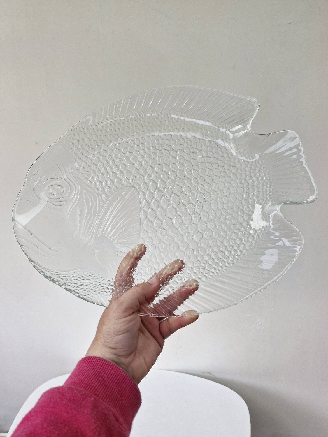Large Transparent Glass Dish Fish Shape Arcoroc France 39 x 32.5 cm
