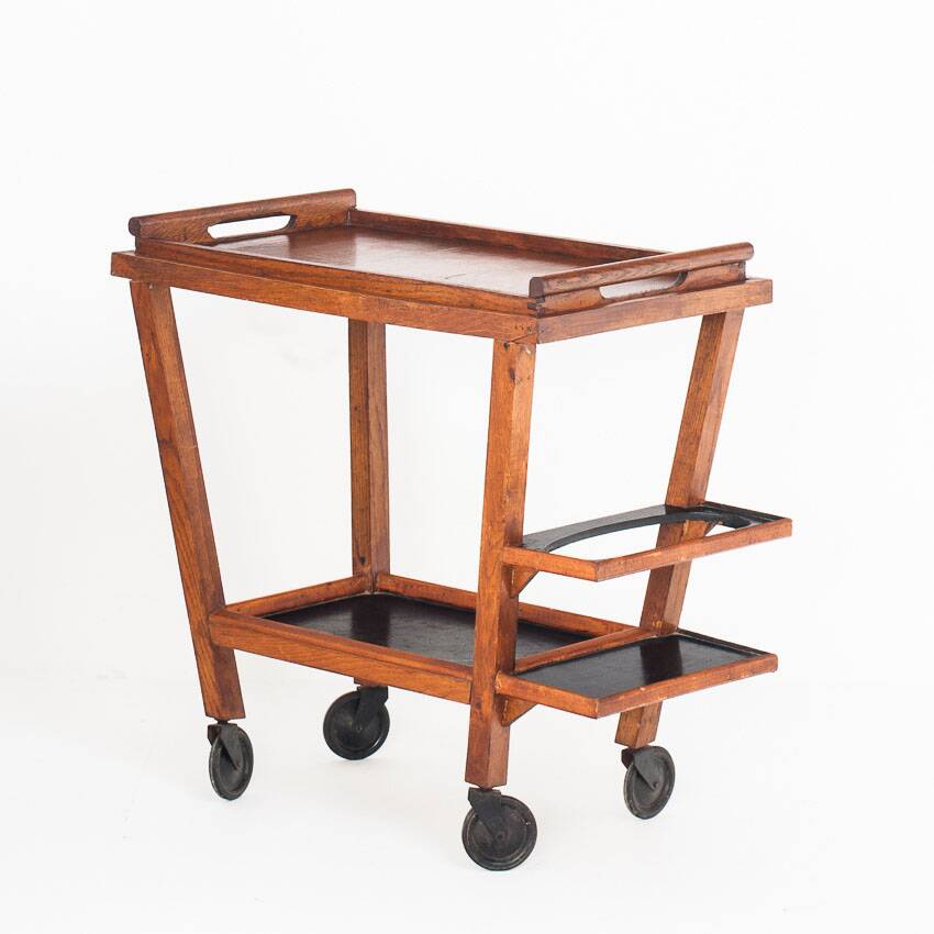 Vintage oak bar cart with removable tray. France 1950s.