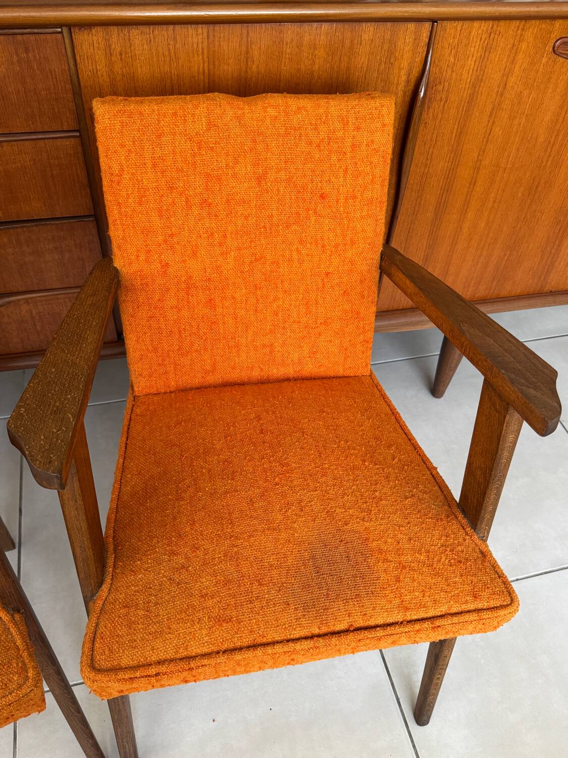 Pair of vintage 60s armchairs in wood and orange bouclé fabric