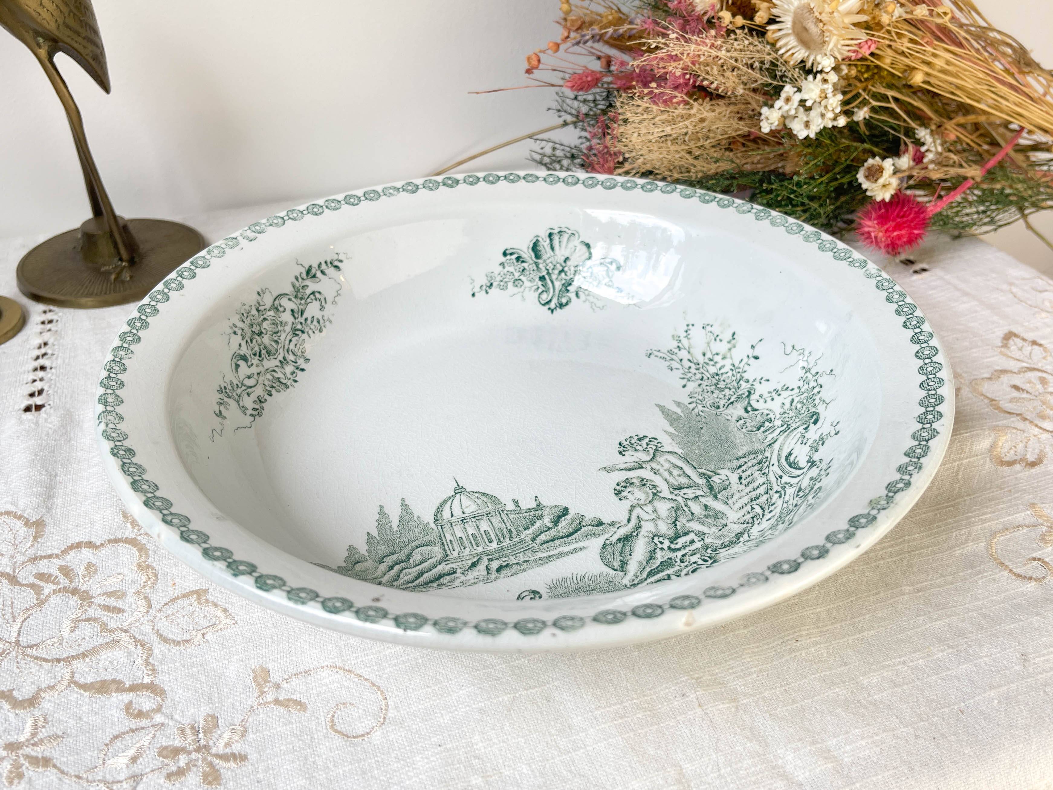 Vintage hollow dish French Terre de Fer St Amand TRIANON cherub motif 19th century