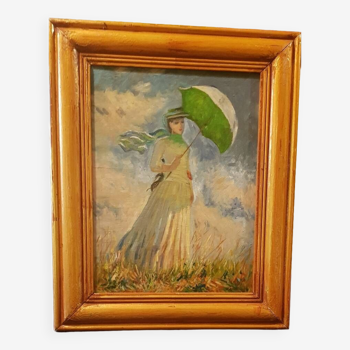 Huile sur toile " Femme à l'ombrelle " d'après Claude Monnet ( 1886 ).