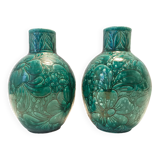 Pair of Handcrafted Green Ceramic Vases by Fanciullacci, Italy