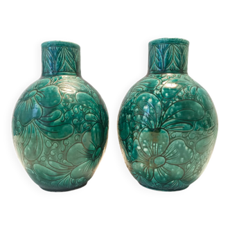 Pair of Handcrafted Green Ceramic Vases by Fanciullacci, Italy