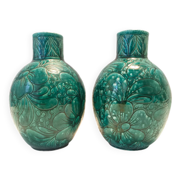 Paire de vases en céramique verte fabriqués à la main par Fanciullacci, Italie 1960-1970