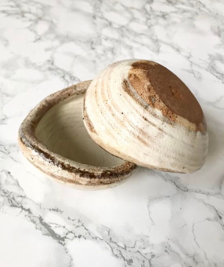 Pair of Asian handmade cups in beige and brown sandstone