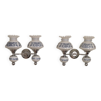 Pair of metal and opaline glass wall lights, France