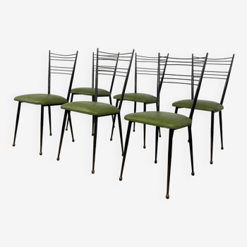 Lot de 6 chaises Colette Guéden métal noir vinyl vert France années 60