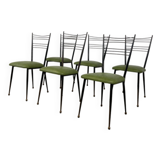 Lot de 6 chaises Colette Guéden métal noir vinyl vert France années 60