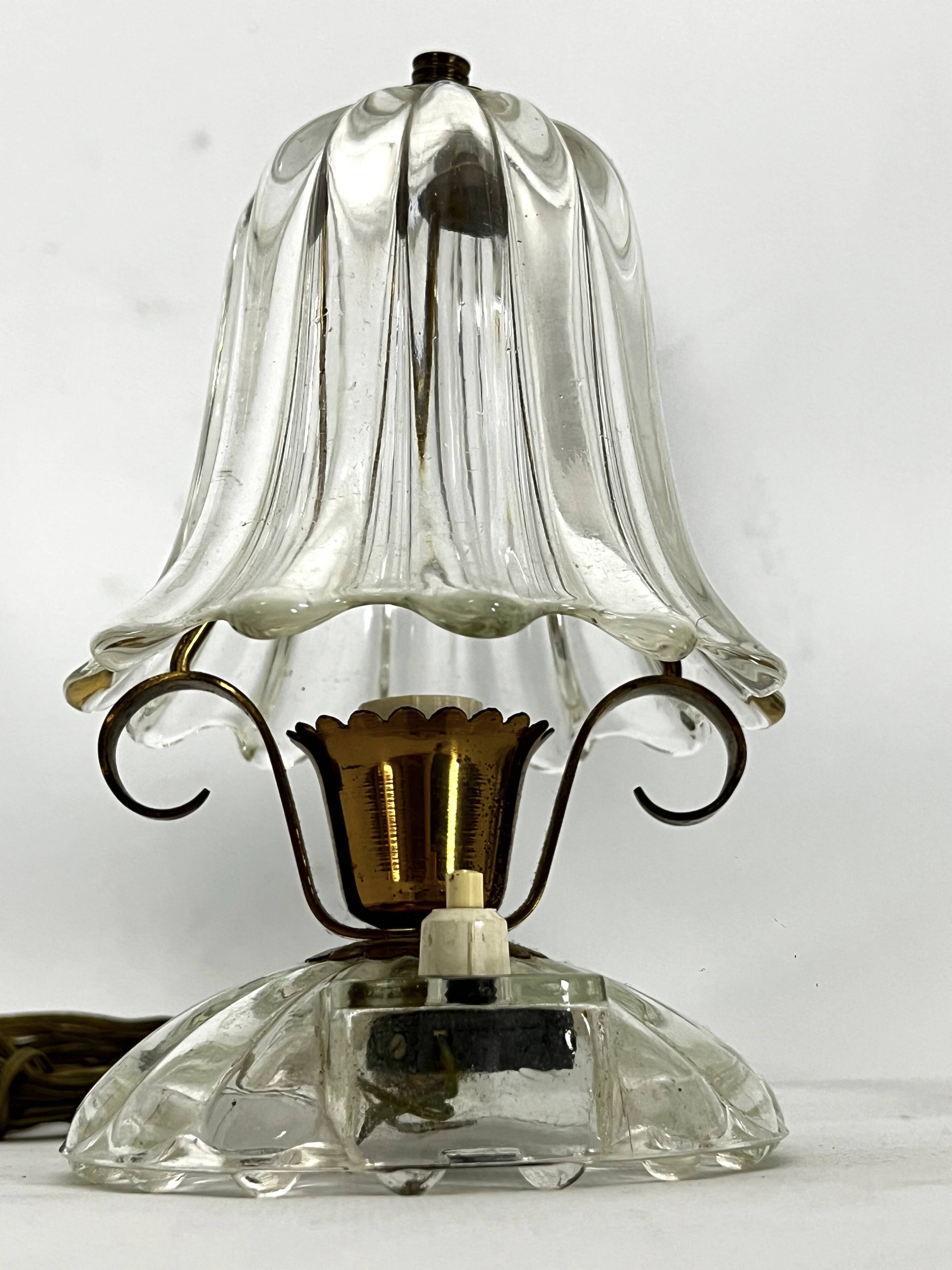 Mid-Century pair of Ercole Barovier Murano glass and brass table lamps. 1940s