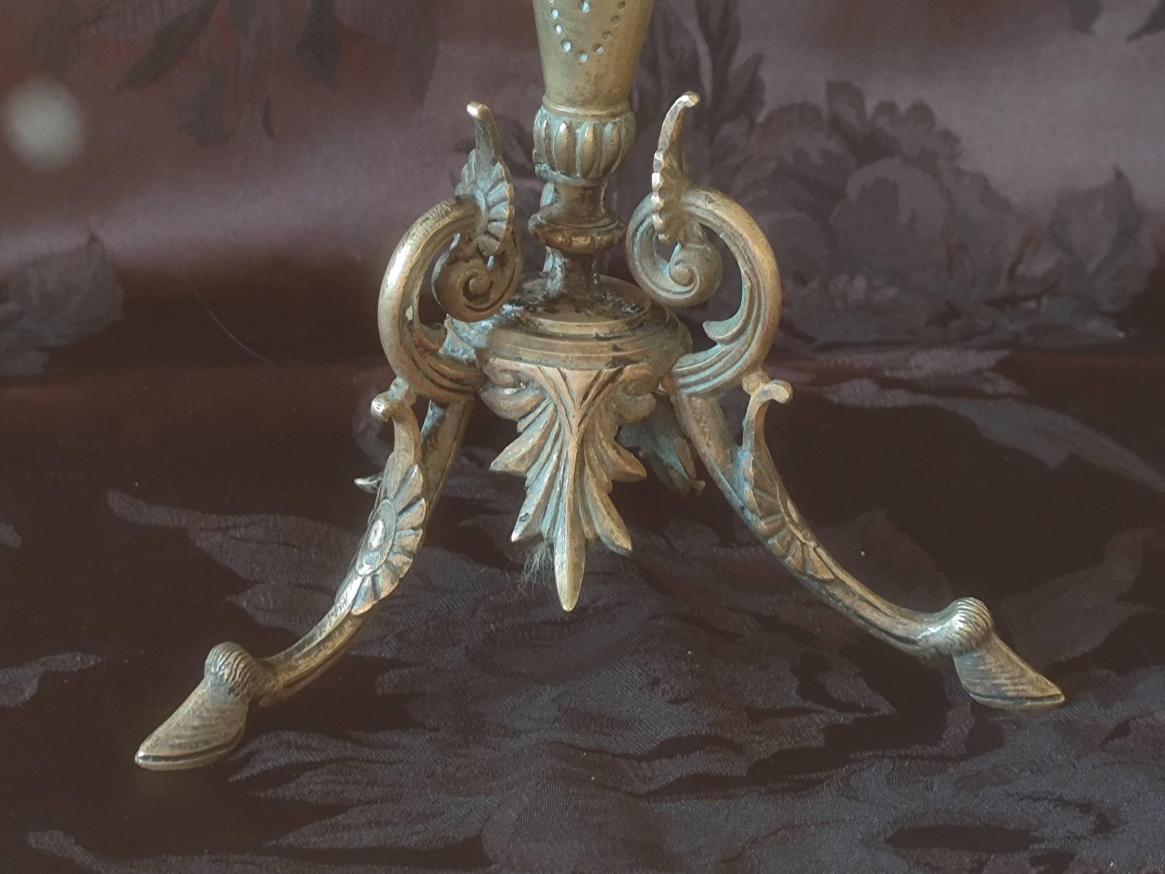 Electrified candlestick lamp, bronze tripod table lamp with goat's feet