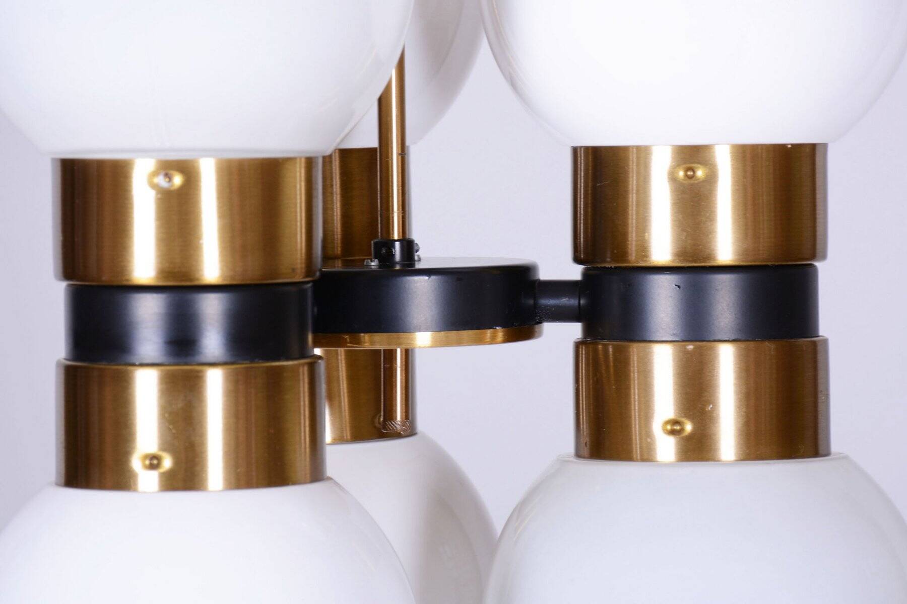 Mid-Century Chandelier in Brass and Opaline Glass, Czech, 1960s