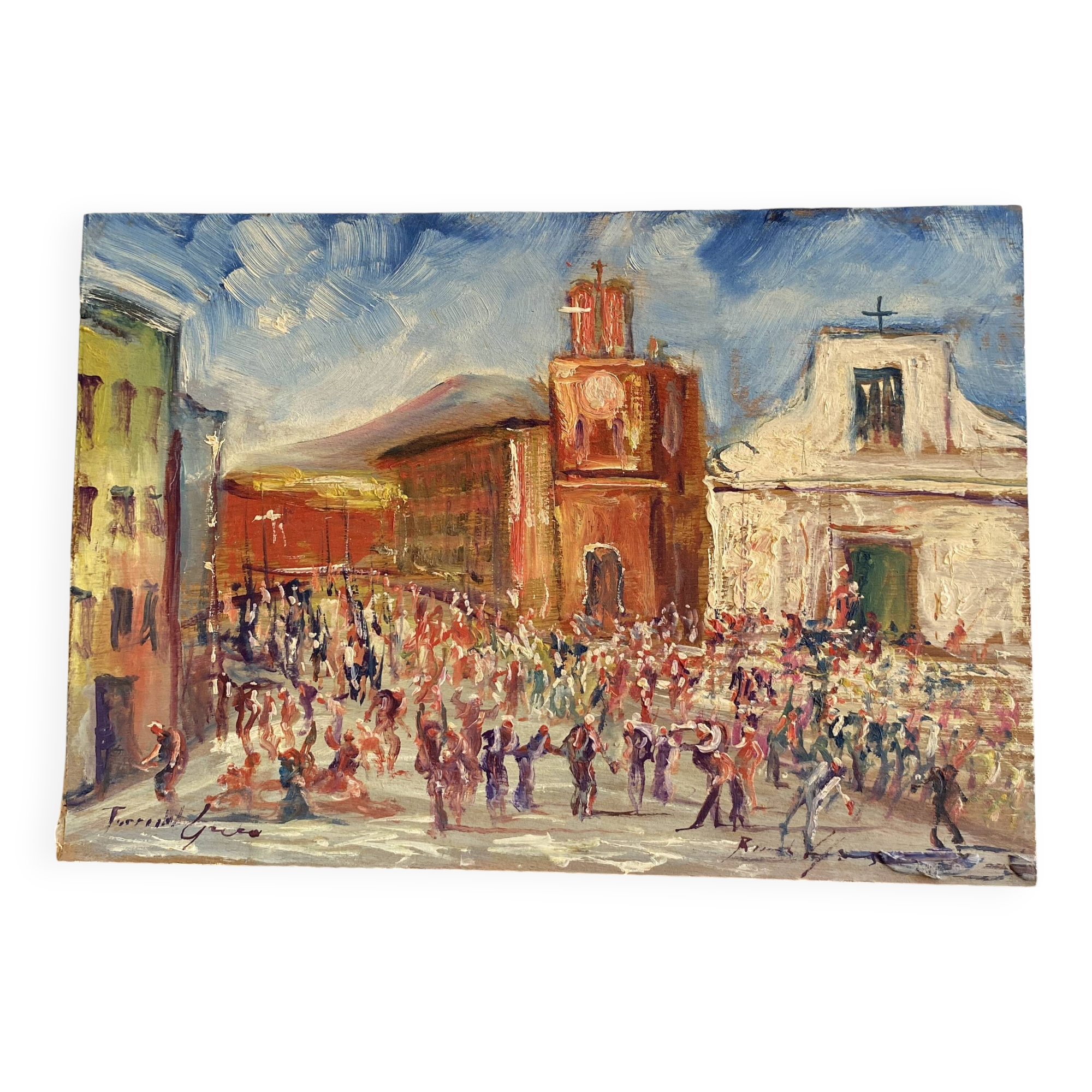 Oil on wood, “village festival”, Italy, 1960s