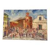 Oil on wood, “village festival”, Italy, 1960s