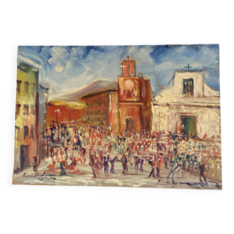 Oil on wood, “village festival”, Italy, 1960s
