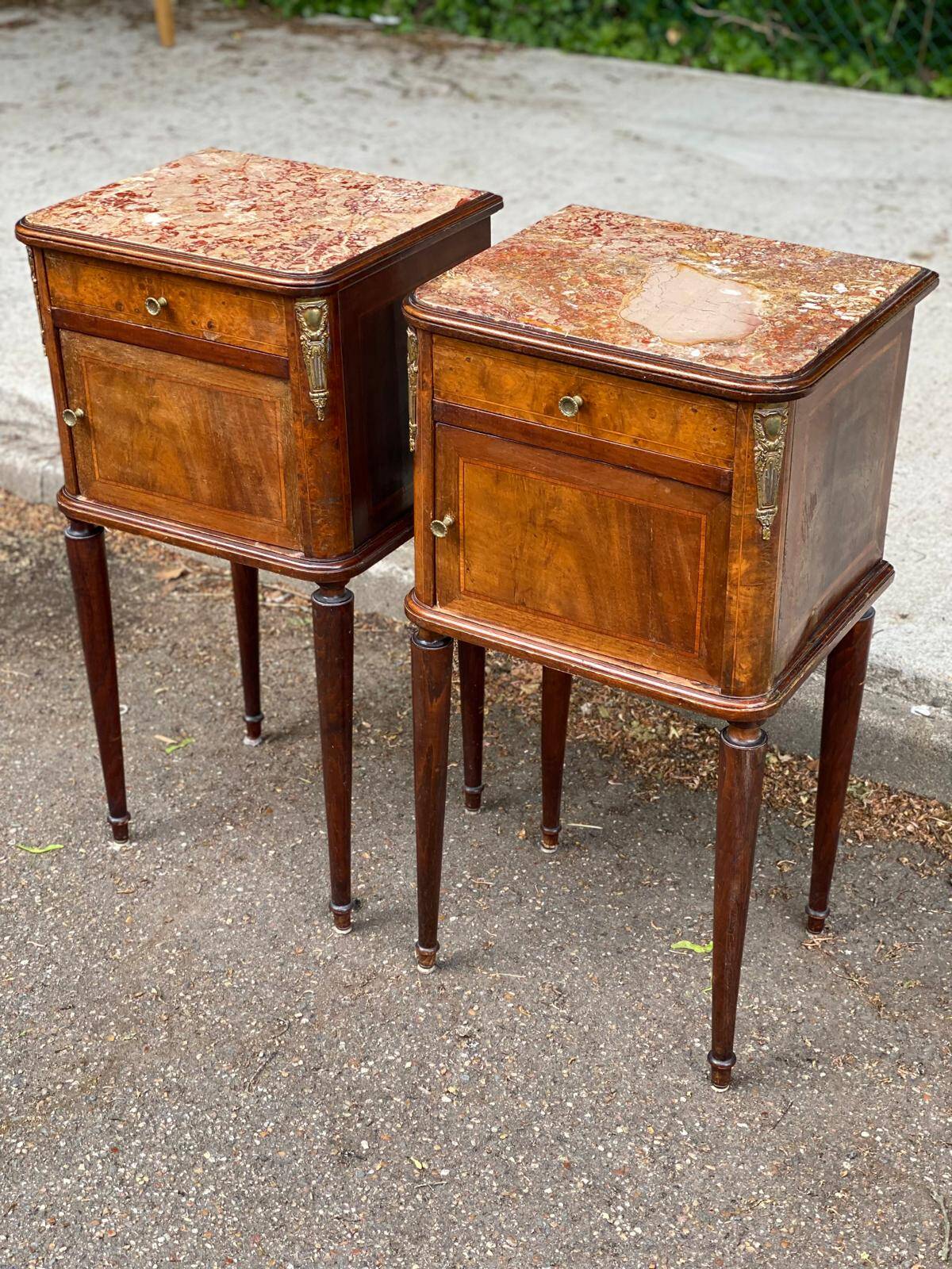Pair of Louis XV bedside tables, 19th century, marquetry and pink marble