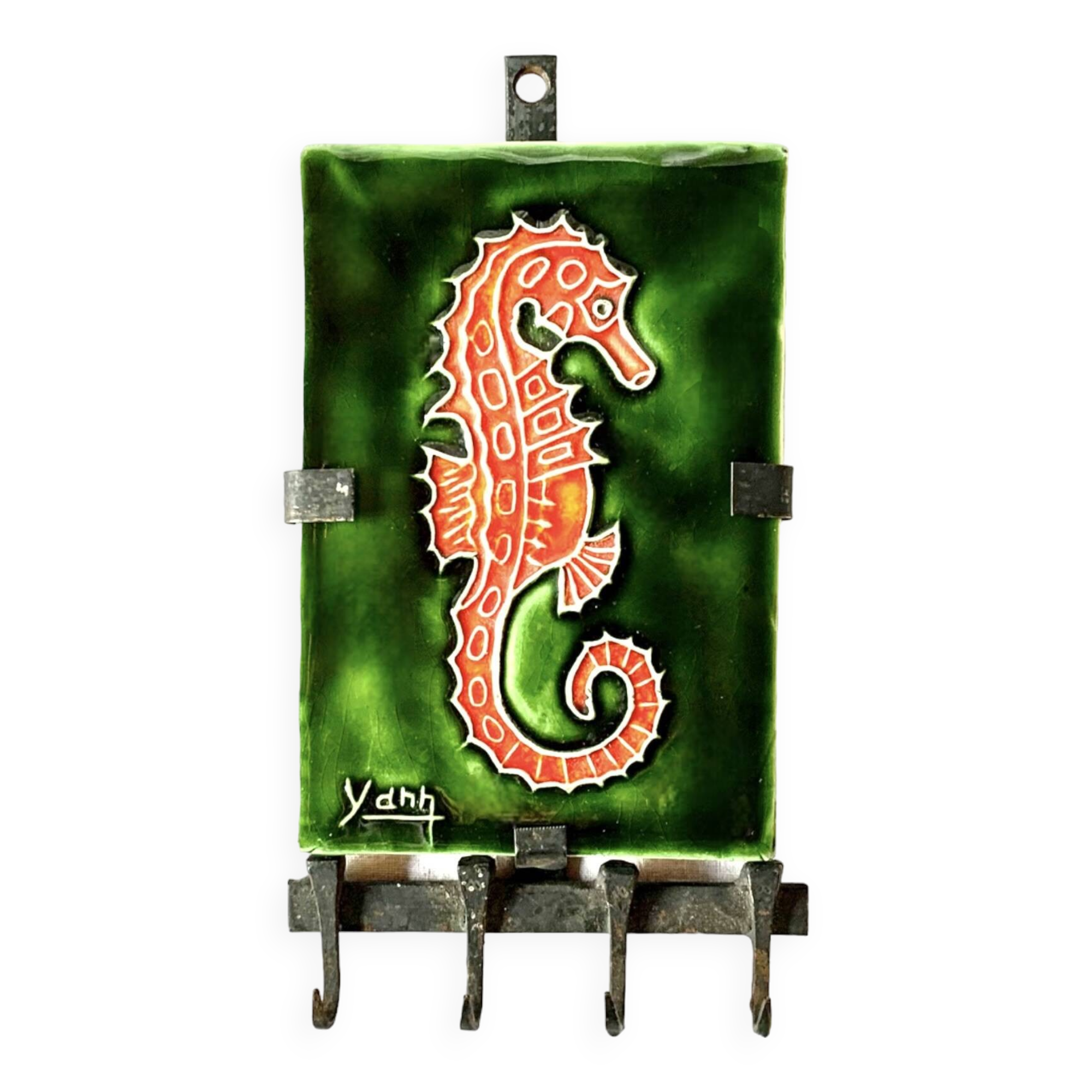 Small glazed ceramic seahorse wall plaque - key ring