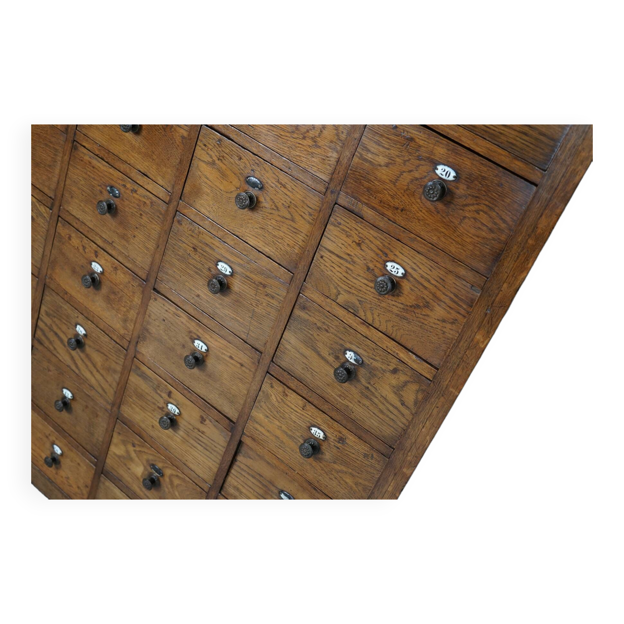 Large dutch oak apothecary cabinet / barber cabinet with enamel shields, 1900s