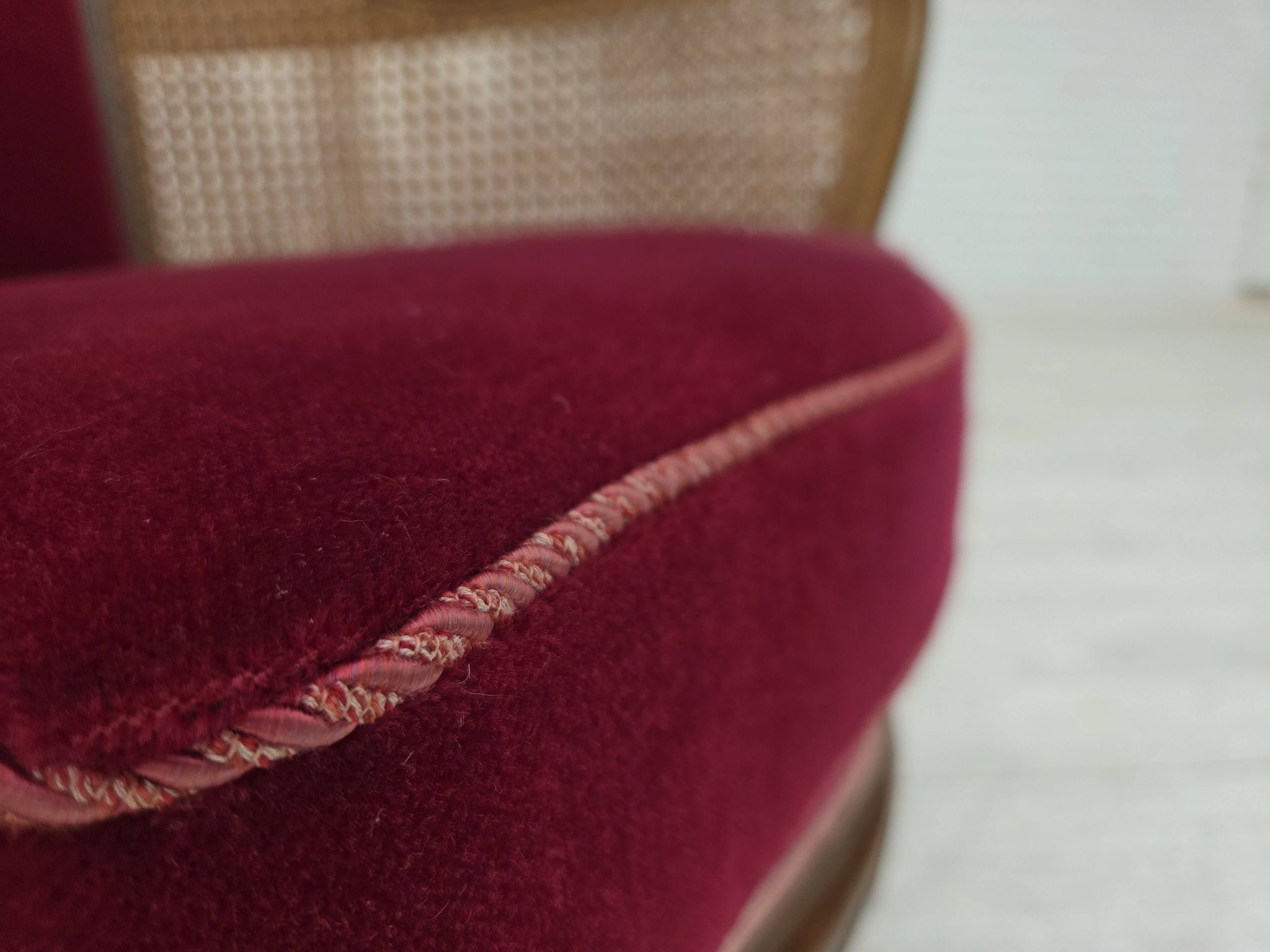 1950s, Danish armchair, furniture velour, ash wood,, mesh.