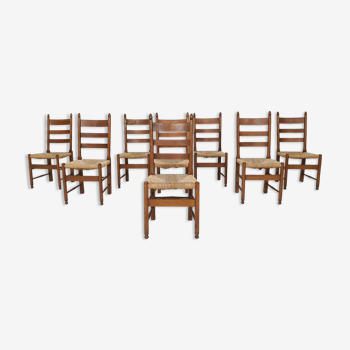Dutch farmers dining chairs in oak and sisal, 1950's