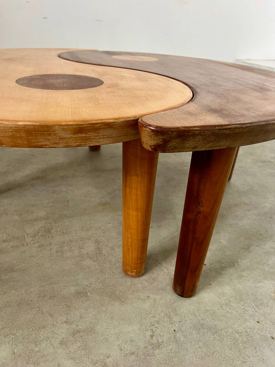 Solid wood coffee table with 2 Yin and Yang elements vintage 60s