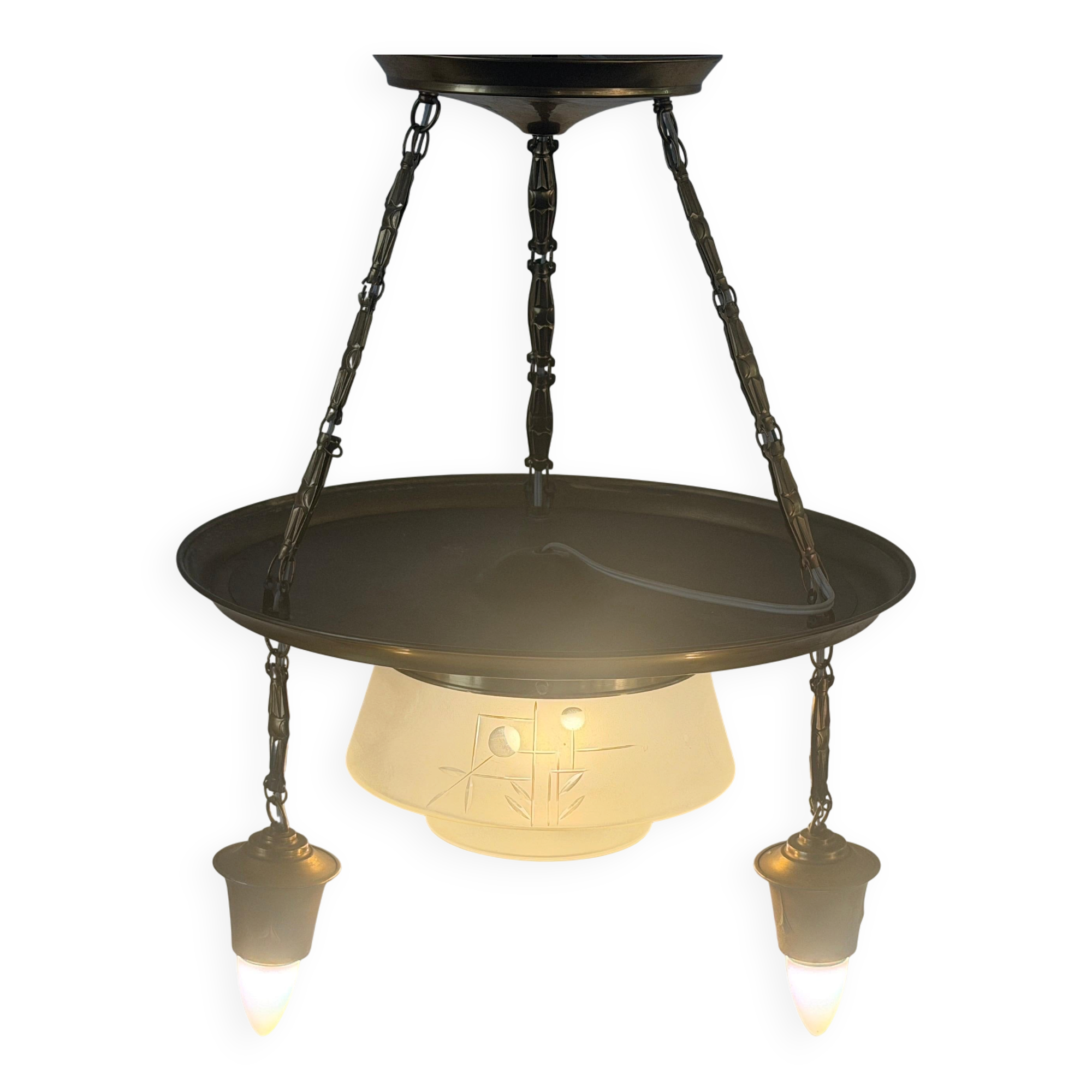 Art Deco ceiling light in copper and glass, 1940s, Germany