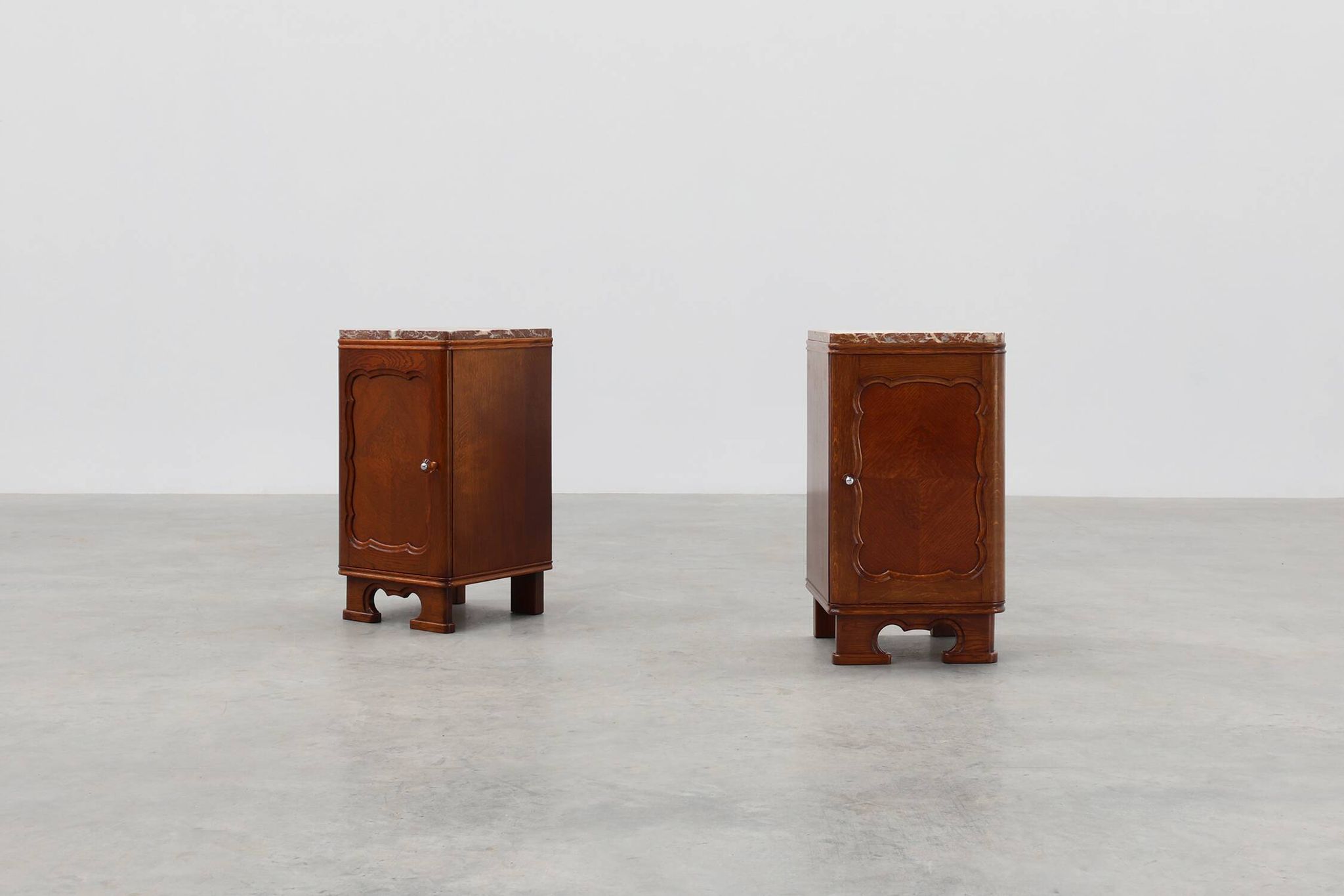 Pair of Art Deco nightstands in oak with marble top, France ca. 1925