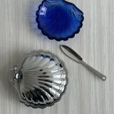Antique shell butter dish in silver metal and blue glass