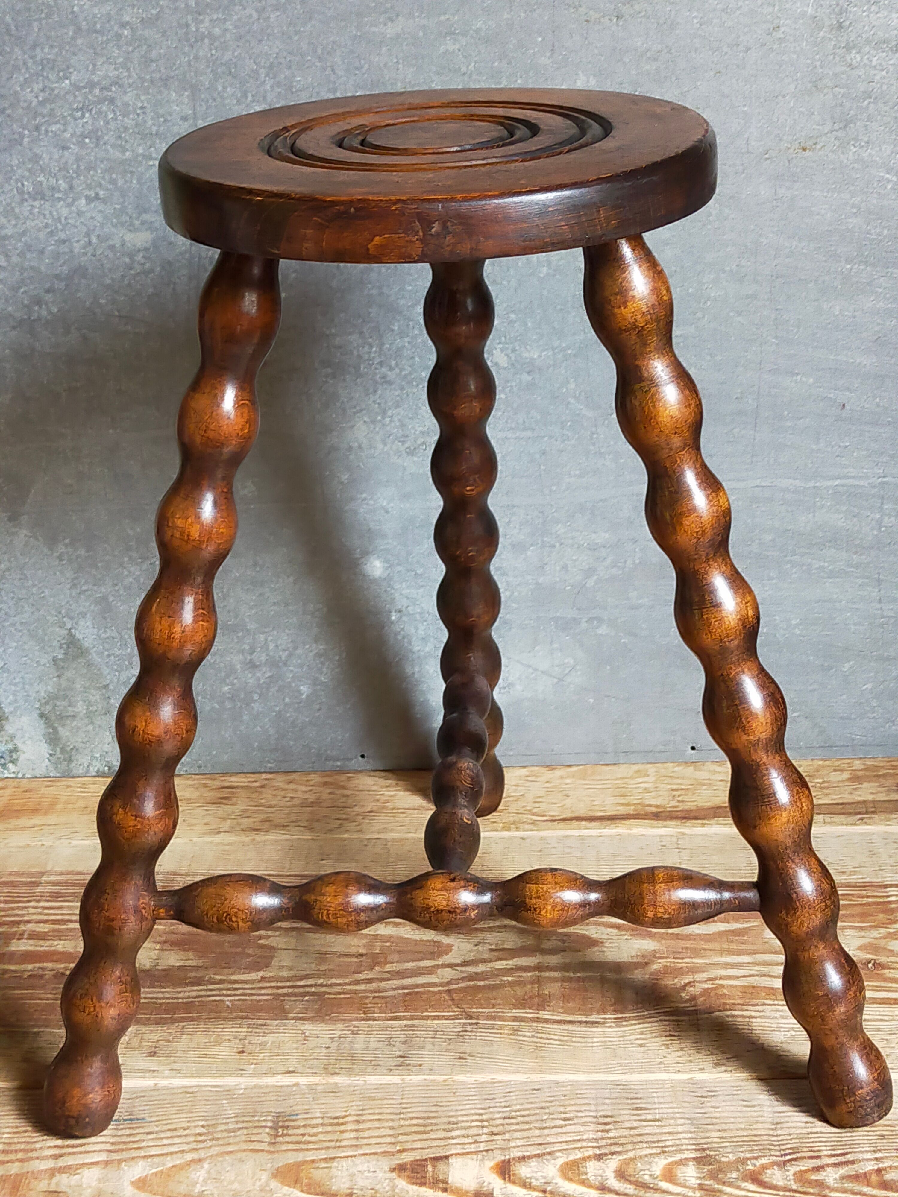 Tripod stool solid wood turned vintage
