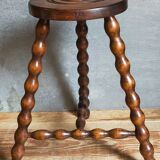 Tripod stool solid wood turned vintage