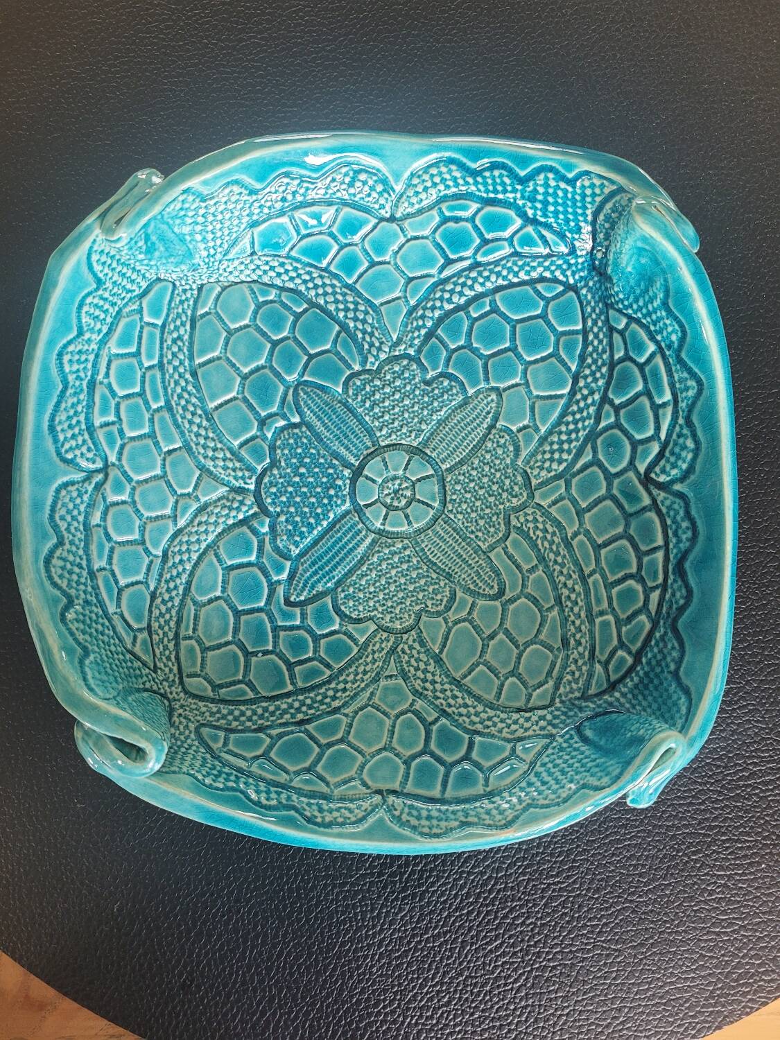 Signed turquoise enameled ceramic pocket tray