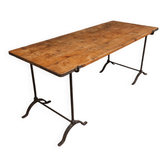 Industrial table or desk 1930 wooden tray and iron trestles